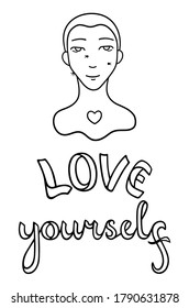 Portrait of boy with warts on his face. Skin with features. Love yourself lettering. Body positive slogan. Outline style isolated vector illustration on white background.