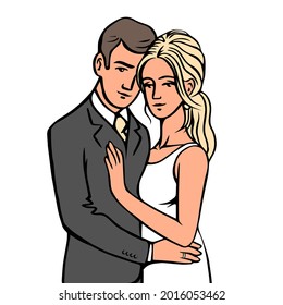 Portrait of the bride and groom. Beautiful newlywed couple. Template for decorating wedding cards and invitations. Vector isolated illustration outline