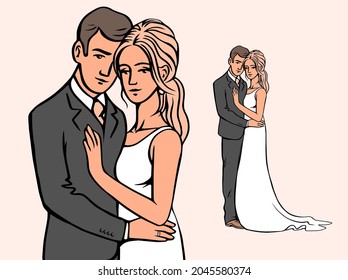 Portrait of the bride and groom. Beautiful newlywed couple. Template for decorating wedding cards and invitations. Vector isolated illustration outline