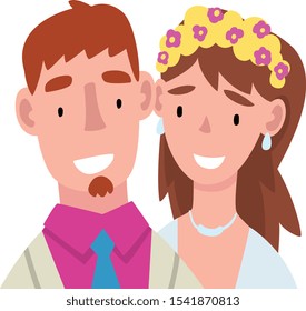Portrait of bride and groom cartoon vector illustration