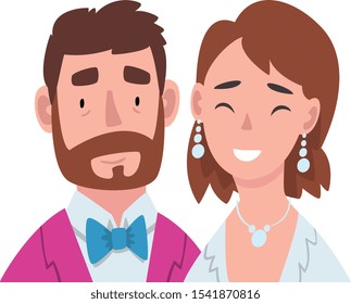 Portrait of bride and groom cartoon vector illustration