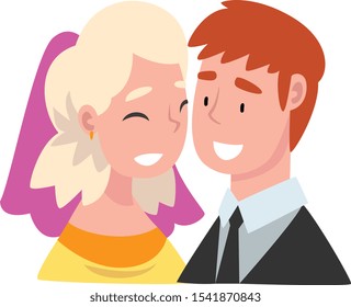 Portrait of bride and groom cartoon vector illustration