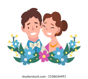 Portrait of bride and groom standing behind a wreath cartoon vector illustration