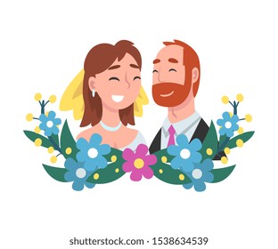 Portrait of bride and groom standing behind a wreath cartoon vector illustration