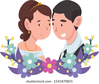 Portrait of bride and groom standing behind a wreath cartoon vector illustration