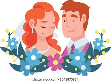 Retrato de novia y novio parados detrás de una caricatura de flores ilustraciones vectoriales