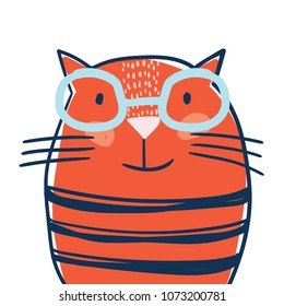 Portrait of British Shorthair Cat with glasses. Hand drawn illustration. Vector.