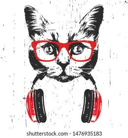 Portrait of British Shorthair Cat with glasses and headphones. Hand-drawn illustration. Vector