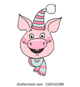 Portrait of a broadly smiling cute pig dressed in a striped hat and scarf. Cheerful vector illustration for design of the New Year and Christmas. Symbol of the year 2019.