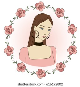 Portrait of brown haired woman in roses