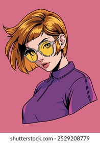 Portrait of Brown Haired Woman Wearing Purple Clothes and Using Yellow Glasses Vector Illustration