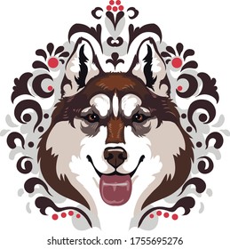 retrato de una cabeza de lobo marrón y rojo o de perro husky en el fondo del diseño