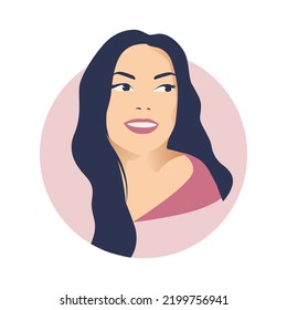 Portrait of a brown-haired girl in a round shape. A look to the side. Avatar for the beauty industry