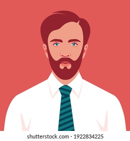 Portrait of a brown-haired man with necktie. Avatar of a businessman with beard. A young politician. Vector flat illustration