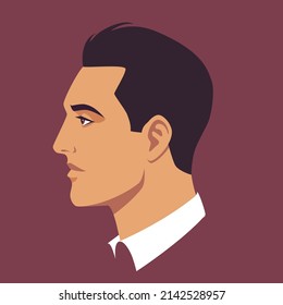 Portrait of brunet man. Head of man in profile. Avatar of stylish businessman for social networks. Abstract male portrait, face side view. Stock vector illustration in flat style.