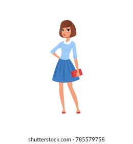 Portrait of brunette caucasian woman with red handbag. Cartoon female character dressed in blue skirt and sweater with white shirt underneath. Flat vector design