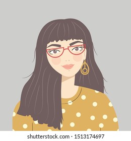 Portrait of a brunette girl with long brown hair wearing red glasses, patterned sweater and earrings, on gray background, flat vector illustration