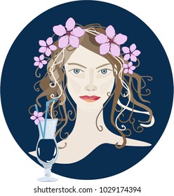 Portrait of a brunette girl with pink flowers and a blue cocktail on a blue background