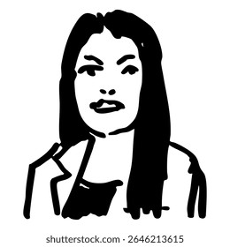 Portrait of a brunette lady wearing suit. Smiling pretty young woman with long loose dark hair. Hand drawn linear doodle rough sketch. Black and white silhouette.