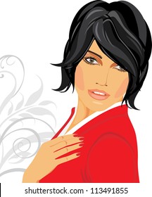 Portrait of brunette in a red blouse. Vector