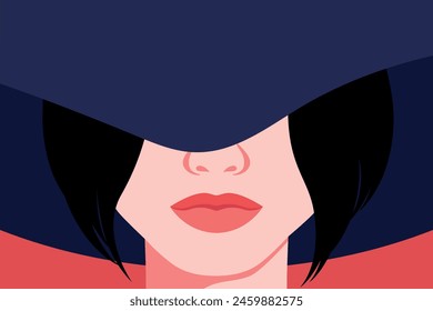 Portrait of a brunette woman in a hat. Abstract elegant woman with hat covering her eyes. Faceless portrait. Vector illustration