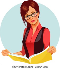 Portrait of brunette woman reading book. Beautiful woman wearing glasses reading newspaper. Vector illustration of student learning.  Business woman in black and red costume looking for information.