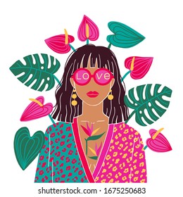 Portrait of a brunette woman in the urban jungle. Fashion print. Vector illustration.