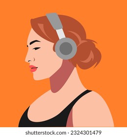 portrait of brunette woman wearing headphoness. side view. suitable for avatar, social media profile photo. vector graphic.