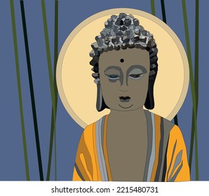 Portrait of a Buddha statue in front of a bright moon with a blue background and bamboo sticks.