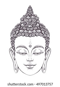 Portrait of a Buddha. Vector illustration on white background. Esoteric concept, spiritual art. Thai god. Excellent ethnic print on a T-shirt.
