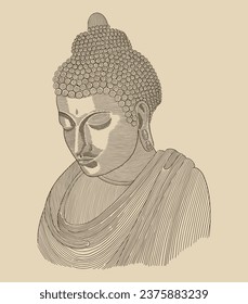  Portrait of buddha, vintage engraving drawing style vector illustration