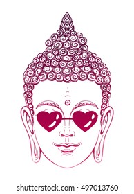 Portrait of a Buddha wearing glasses in the shape of hearts. Vector illustration on white background. Esoteric concept, spiritual art. Thai god. Excellent ethnic print on a T-shirt.