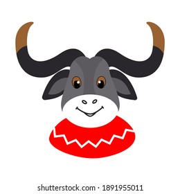 The portrait of a buffalo is drawn in a cartoon style. A horned buffalo in a sweater is isolated on a white background. Vector illustration for use in children's themes.