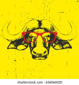 Portrait of Buffalo with glasses. Hand-drawn illustration. T-shirt design. Vector