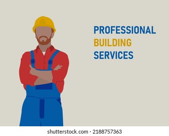 retrato de constructor con sombrero duro aislado en fondo blanco. Plantilla de diseño de pancartas de servicios de construcción. Ilustración plana vectorial, inscripciones servicios de construcción profesional