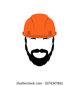 Portrait of a builder in an orange helmet with a beard and mustache. Vector illustration.