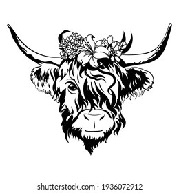 Portrait Of Bull With Flowers. Illustration Of Head Floral Cow. Tattoo. Farm Animals. Buffalo With Flowers Wreath.
