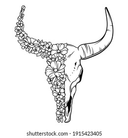 Portrait of bull skull with flowers. Illustration of head floral cow. Tattoo. Farm Animals. Skull animals with flowers wreath.