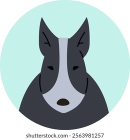 Portrait of a bull terrier dog gazing forward within a light green circle, featuring a minimalist vector illustration style that highlights its friendly and adorable characteristics