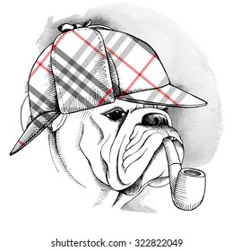 Portrait of a bulldog in checkered deerstalker hat with smoking pipe. Vector illustration.