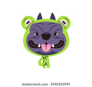 Portrait of bulldog in funny frog hat, cute clothes. Happy Staffordshire terrier or pitbull avatar. Dog muzzle with smile, puppy face is showing tongue. Flat isolated vector illustration on white