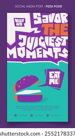 Portrait burger banner design in purple and green background with flat burger design for street food advertisement. Burger fast food campaign design