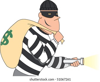 Portrait of Burglar holding bag of money and flashlight