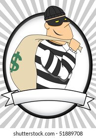 Portrait of Burglar holding bag of money and flashlight oval banner rays