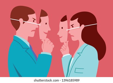 Portrait of business man and woman with smiling masks hiding real expressions of mutual hostility. Conceptual illustration representing hypocrisy in workplace