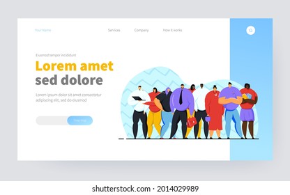 Portrait of business team flat vector illustration. Cartoon happy professional workers in suits standing together. Employment, career and startup concept