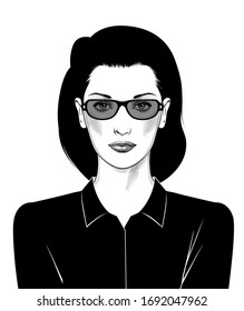 Portrait of a business woman, a female boss. Avatar of a young beautiful woman. The old engraving is stylized as a drawing. Vector illustration.
