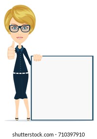 Portrait of the business woman with a poster. Full body of happy smiling young beautiful business female showing blank area for sign or copyspace, isolated over white background. flat vector