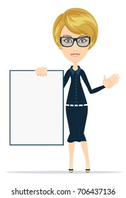 Portrait of the business woman with a represent folder. Full body of happy smiling young beautiful business female showing blank area for sign or copyspase, isolated over white background. flat vector