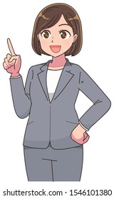 Portrait of a business woman. She is looking to the left while pointing.